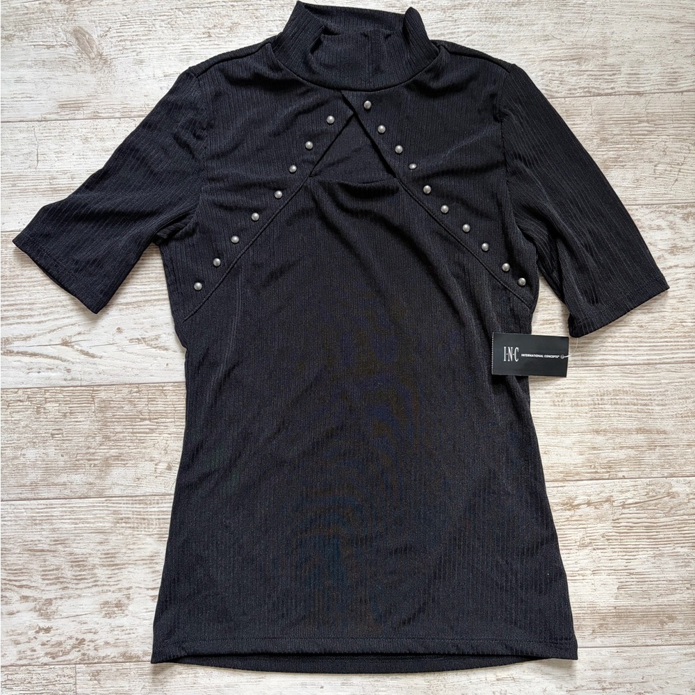 INC International Concepts Black Studded Short Sleeve Top